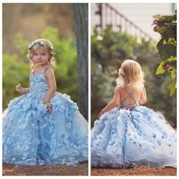 3D Floral Applique Flower Girls Vestidos 2019 Cross Straps Backless Comunhão Vestidos de Festa Puffy Tulle Aniversário vestido de Baile Vestido Meninas Pageant