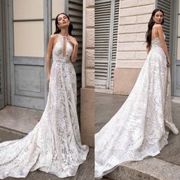 2020 Modest Idaorez Simple A Line Wedding Dresses Halter Sleeveless Backless Tulle Lace Applique Wedding Gowns Sweep Train robe de mariée