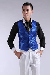 Thick Mens Wedding Stage Show Gold Shiny Sequins Waistcoat Blue Black Silver Pink Rose Yellow Suit Vest Gilet Homme Classic Vests