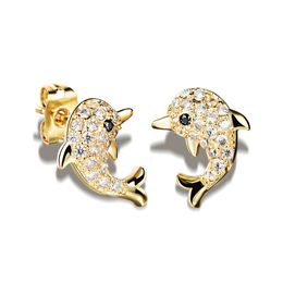 New trendy fashion luxury designer cute lovely diamond Dolphins animal gold plated copper stud earrings for woman