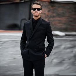 Classic Black Double Breasted Slim Fit Men's Suit Two Pieces Notched Lapel Formal Prom Dress Custom Made Wedding Tuxedos