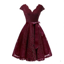 Fashion-Aovica V-Neck Lace Knee-Length Women Dresses With Short Sleeves Dress For Women Female Vestidos New Arrival Chic Cheapest Price