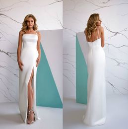 2020 Simple Mermaid Wedding Dresses Sexy High-split Spaghetti Strap Sleeveless Satin Bridal Gowns Sweep Train Custom Made Robes De Mariée