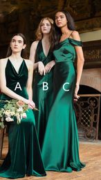 2020 Modest Emerald Elastic Satin Bridesmaids Dresses Sheath Custom Made V-neck Halter Cold Shoulder Party Gowns Formal Dress Maid Of Honour