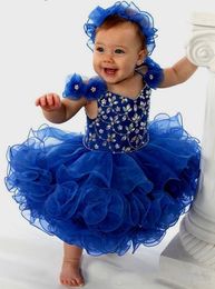 Sweet Royal Blue Baby Girls Pageant Dresses 2019 Hand Made Flowers Beaded Crystal Ruffles First Communion Flower Girls Dress Vestido De