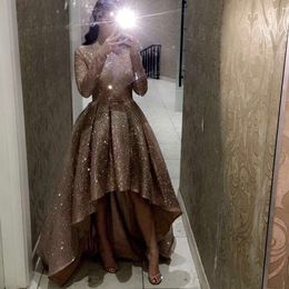 high low Sexy High Low Prom Gowns crew Long Sleeves Bling Bling Party Dress Plus Size Gold African Short front Long Back Prom Dresses 2019