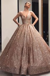 Sparkly Rose Gold Ball Gown Wedding Dresses With Pockets Sweetheart Floor Length Puffy Big Modern Non White Bridal Gowns Couture Custom Made