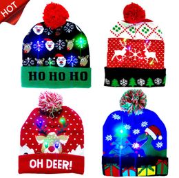 2022 рождественские шляпы фары 2020 Новый год светодиодные рождественские шляпы Шапочка свитер вязаный Рождество свет вверх вязаная шапка для малыша взрослых для рождественской вечеринки 15 стиль