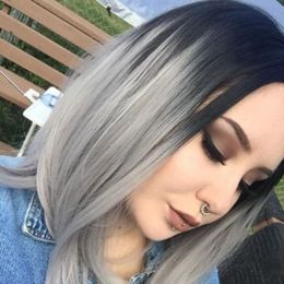 Negro Gris Ombre Peluca Corto Bob Corte Estilos De Pelo Virgen De Malasia Completo De Encaje Frente Plata Gris Ombre Pelucas De Cabello Humano Para