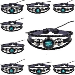 Genuine Leather Bracelet 12 Zodiac Blue DRY Constellations Lovers Woven Bangles Beads Charm Bracelet Lover Bracelets For Gift