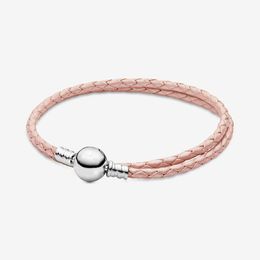 16-21CM Moments Double Black & Pink Leather Bracelet 100% 925 Sterling Silver Chain Classic Round Clasp Fashion Women Wedding Engagement Jewelry Accessories