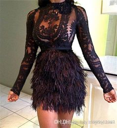 2023 Design Fashion Christmas Feather Cocktail Dresses Black Celebrity Evening Dresses Mini Long Sleeves Short Party Prom Dress Vestidos 318