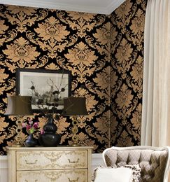 Einzigartige schwarze Gold Klassiker Damast Europäischer Stil PVC Vinyl Tapete Schlafzimmer Wohnzimmer KTV Bar Wallpaper