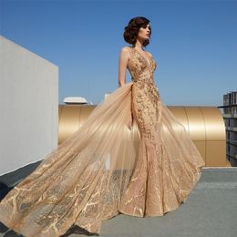 Luxurious Gold Mermaid Evening Dresses with Overskirt Lace Beaded Sleeveless robes de soirée Prom Gowns Red Carpet Celebrity Dress