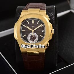 New Classic 5980 Yellow Gold Case Brown Texture Dial Miyota Quartz Chronograph Mens Watch Brown Leather Watches Stopwatch Puretime PB303c3