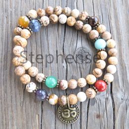 MG0634 New Design 54 Mala Women`s Yoga Bracelet Natural 6 mm Picture Japser Gemstone 7 Chakra Bracelet Ohm Charm Yoga Mala Bracelet