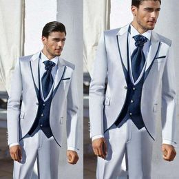 Fashionable One Button Shiny Silver Grey Groom Tuxedos Peak Lapel Men Wedding Party Groomsmen 3 pieces Suits (Jacket+Pants+Vest+Tie) K190