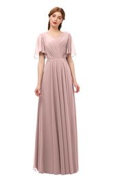 Rose Chiffon Long Modest Bridesmaid Dresses With Flutter Sleeves V Neck A-line Floor Length Women Summer Modest Wedding Party Dress