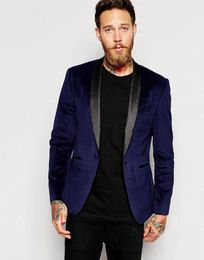 Velvet Groom Tuxedos Navy Blue Men Wedding Tuxedos Shawl Lapel Popular Men Business Dinner/Darty Jacket Blazer Suit(Jacket+Pants+Tie) 1115