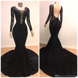 Black Satin Mermaid Evening Dresses Long Sleeves Sheer Lace Applique Jewel Neck Backless Sweep Train Formal Party Evening Gowns Vestidos