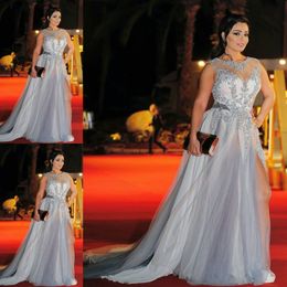 2021 Luxury Arabic Dubai Prom Dresses Crystals Beads Illusion Jewel Neck Split Front Women Plus Size Formal Evening Gowns Celebrity Dress