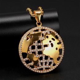 Gusy Fashion New Personalised Gold Stainless Steel Diamond Hollow World Map Round Pendant Necklace Hip Hop Rapper Jewellery for Men Women