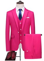 Hot Pink Newest Mens Suits 3 Piece ( Cost+Vest+Pants) Flat Lapel Solid Costume Homme Casual Prom Tuxedo Slim Fit Suit