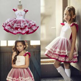 Short Mini Flowers Girls Dresses For Wedding Square Lace Appliques Flower Kids Pageant Gowns Tiered Tutu Birthday Party Dress