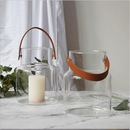 Unique Nordic Glass Storage Jar Bottle with Leather Handle Minimalist Desk Storage Bottle Organiser Flower Vase Container Decor