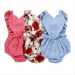 Kids Clothes Baby Floral Printed Ruffle Rompers Love Heart Jumpsuits Infant Summer Sleeveless Onesies Bodysuits Boutique Climb Clothe AYP471