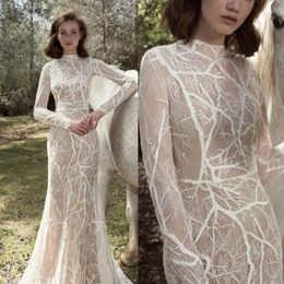 Julie Vino Mermaid Wedding Dresses High Neck Applique Long Sleeves Tulle Wedding Dress Sweep Train Bridal Gowns