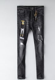 Hot selling!designer jeans mens Distressed Ripped Skinny Trousers luxury clothes Slim Motorcycle Moto Biker Hip Hop Denim man embroidery bee