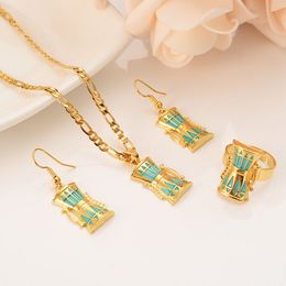 Unique crystal Green BAG drum Pendant Chain Necklaces Earrings Fine Solid Gold Filled PNG Jewellery Set Papua New Guinea party