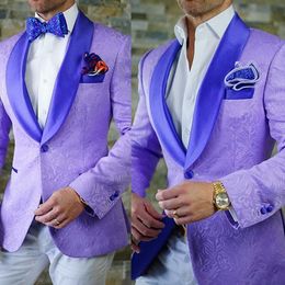 High Quality Light Purple Wedding Tuxedos 2019 New Men Suits Two Pieces Embossing Groom Wear Custom Made Formal Blazer