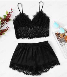 V Neck Solid Sleepwear Summer Women Pyjamas Silk Pijamas Sleepwear Lace Short Pants Lingerie Hollowed Underwear Maternity Cloth GGA3489-1