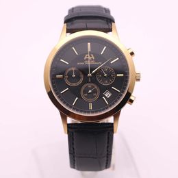 AEHIBO Chronograph Quartz Battery Mens Watch 43MM Black Dial Roman Number Gold Bezel Date All Subdials Working Watches Mens Wristwatches