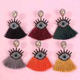 Wholesale-Devil's eye fringe dangle earrings for women luxury designer bling diamond danling earring bohemian holiday style tassel jewelry