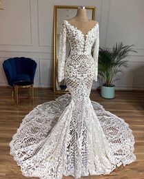 New White Arabic Lace Mermaid Wedding Dresses Long Sleeve Sweep Train Custom Made Plus Size Bohemian Beach Bridal Gowns