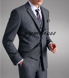 Grey Wool Men Suits 2019 Notched Lapel Two Button Slim Fit Custom Made Wedding Tuxedos Prom Suit Three pieces (Jacket+Pant+Vest+Tie) YY8809