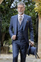 High Quality One Button Navy Blue Groom Tuxedos Peak Lapel Men Suits Wedding/Prom/Dinner Best Man Blazer (Jacket+Pants+Vest+Tie) W397
