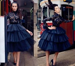 Fall 2019 Fashion High Collar Long Sleeves Tiered Skirt Navy Blue Lace and Tulle Short Homecoming Dresses