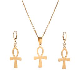 Stainless Steel Egyptian Jewelry Vintage The Key of The Nile Ankh Cross Pendant Necklace Earring Jewelry Sets