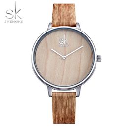 Shengke New Creative Women Watches Casual Fashion Wood Leather Watch Simple Female Quartz Wristwatch Relogio Feminino322U