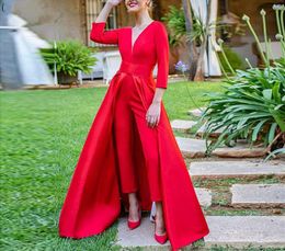 Red Satin Women Jumpsuit Prom Evening Dresses With Long Sleeves Sexy V Open Back Pantsuit Party Dress Girls Formal Gowns Vestido De Festia