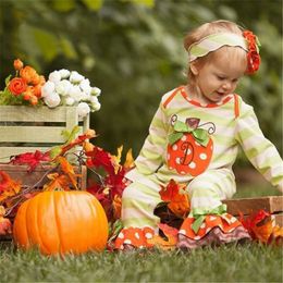 Halloween baby girl rompers pumpkin printed long sleeve jumpuit boutique toddler cotton bow-knot jumpsuit free shipping