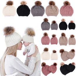 5 Colors Parent-child Caps with Pompon Warm Raccoon Fur Bobble Mommy Beanie Caps Kids Cotton Knitted Mom Baby Hat Winter