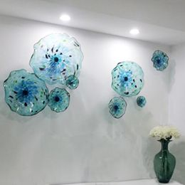 chihuly style murano flower glass plates wall arts blue Colour luxury 100 hand blown glass hanging plates irregular wave shape