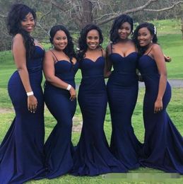 2019 Navy Blue Mermaid Bridesmaid Dresses Spaghetti Straps Sweep Train Plus Size Custom Made Maid of Honour Gown Evening Party Gowns