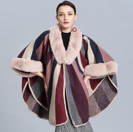New Autumn Winter Women's Stripe Loose Poncho Knitwear Coat Faux Fur V Collar Cardigan Shawl Cape Cloak Outwear Coat C4057