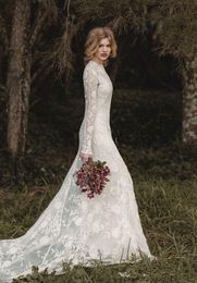 Vintage Lace Wedding Dresses Jewel Sheer Neck Long Sleeve Wedding Gowns Lace Appliques Pastoral Vintage Wedding Bridal Gowns 21